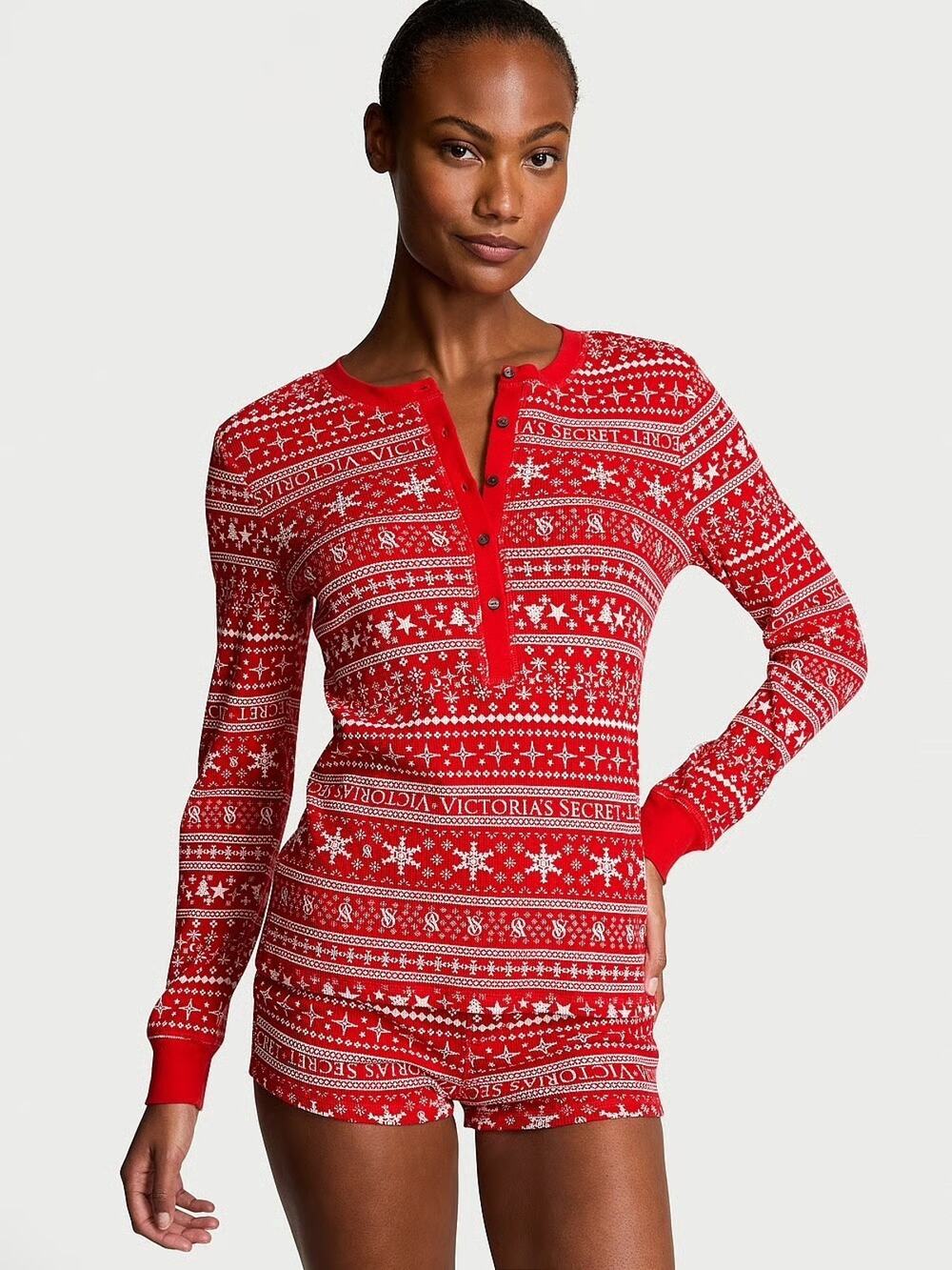 Victoria's Secret Red Plaid Thermal Long Sleeve Shorts Pajama Set - Size XXL